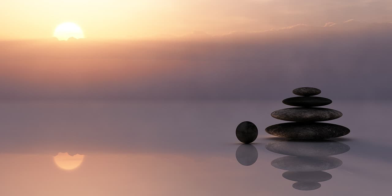 balance, stones, nature, stack, stack of stones, reflection, mirroring, mirror image, sunset, dusk, twilight, meditation, meditate, silent, sky, sun, clouds, wellness, zen