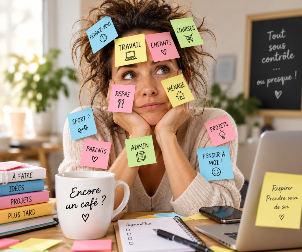 Femme débordée entourée de Post-it illustrant la fatigue et la charge mentale