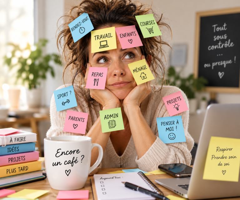 Femme débordée entourée de Post-it illustrant la fatigue et la charge mentale
